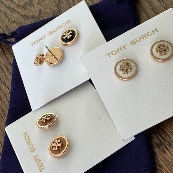NEW!Tory Burch Enamel Logo Stud Earrings -Black/ Ivory/ Tan - Picture 7 of 8